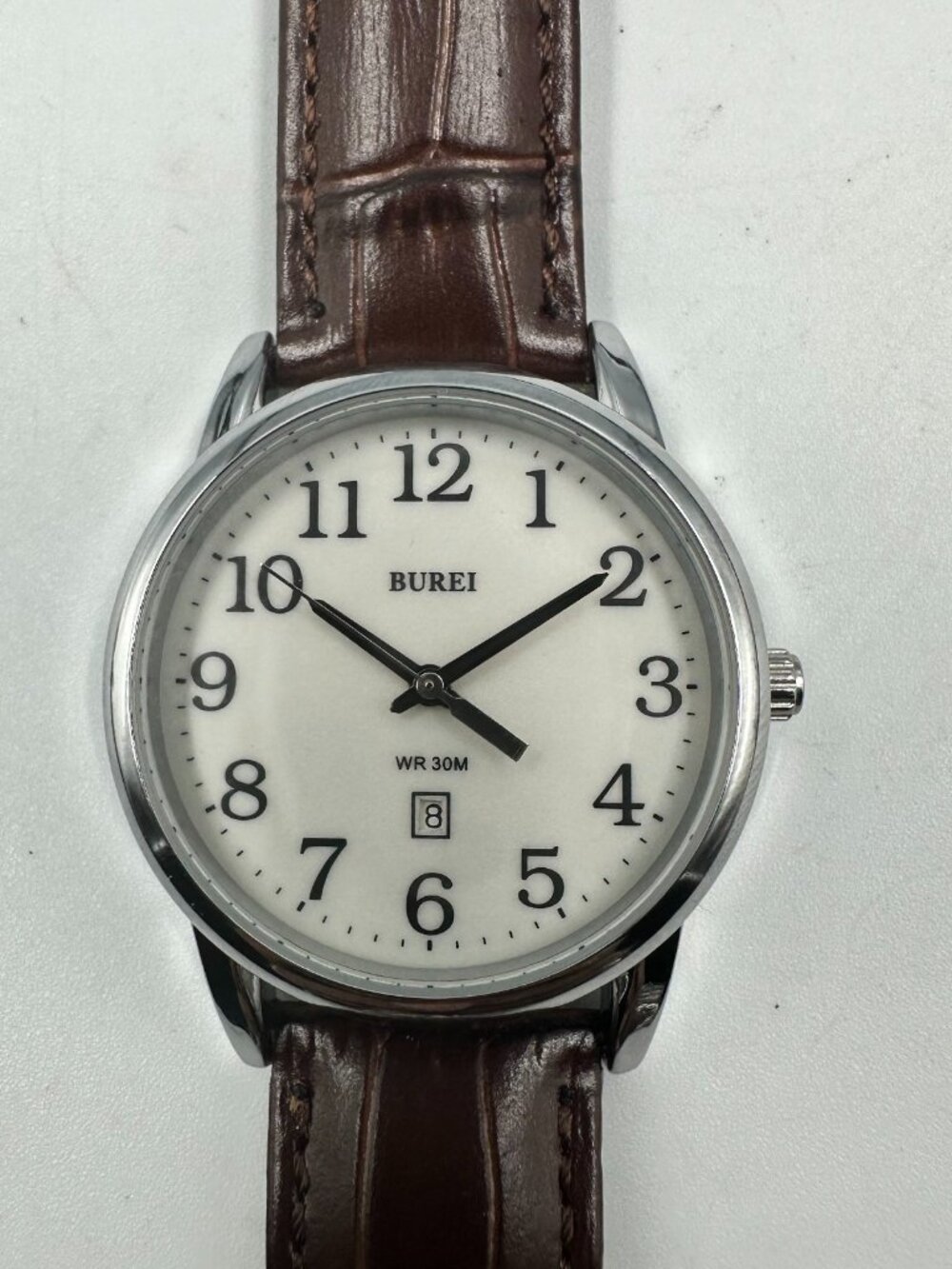 Burei Watch Men Silver Tone White Dial 35MM Brown Leather Band New Battery 9"